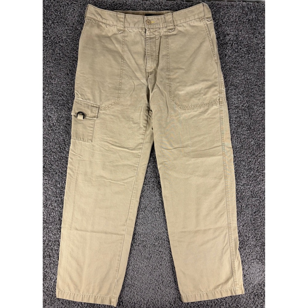 Eddie Bauer Mens Tan Khaki Canvas Utility Cargo Work Pants 36x34 Cotton D-Ring